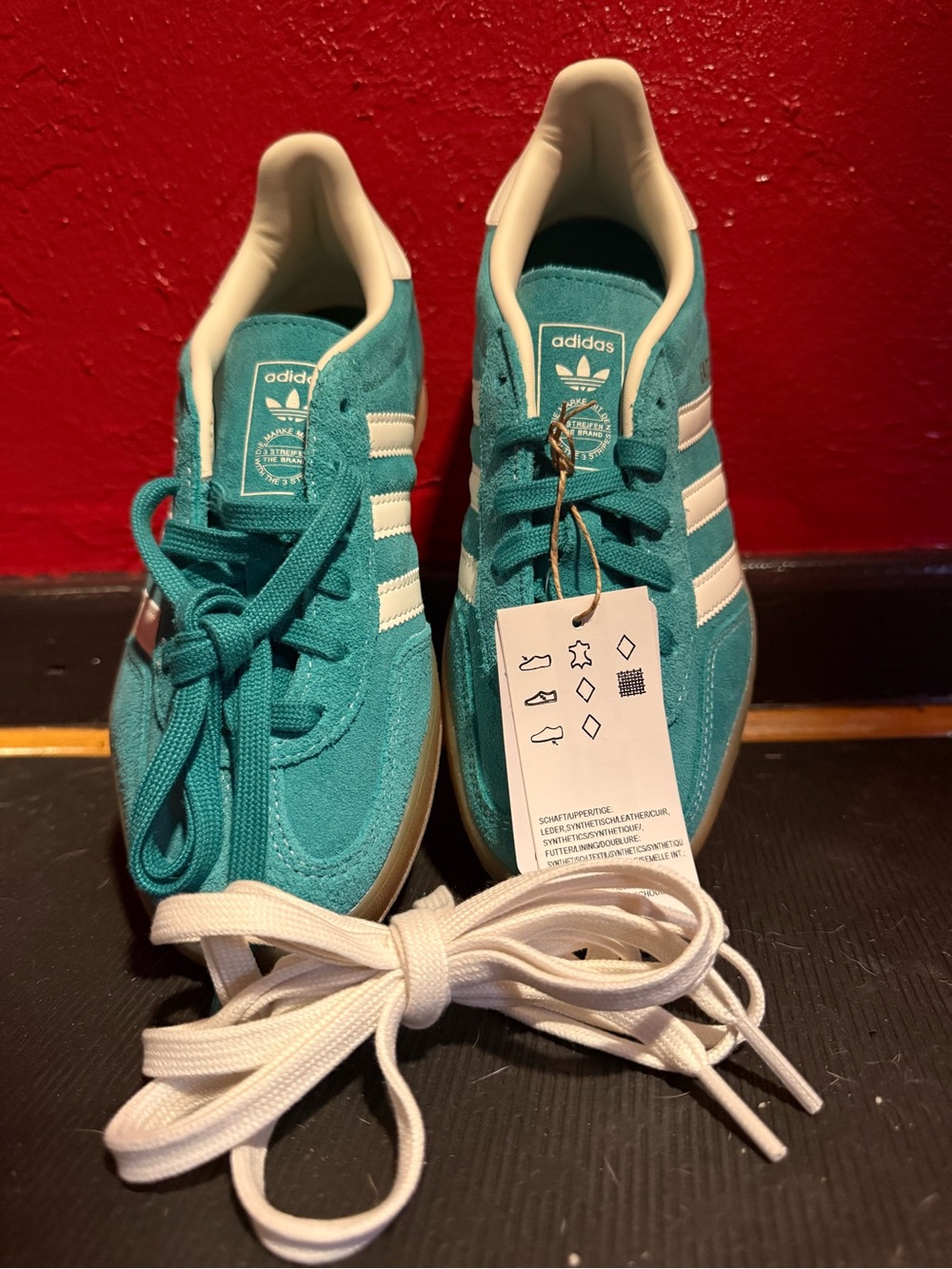 56. NWT (no box)adidas Gazelle Indoor Teal Sneakers with White Stripes